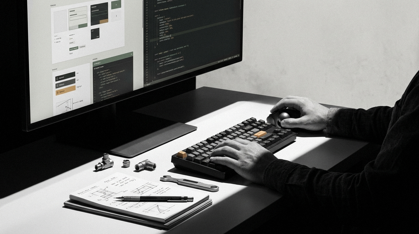 Developer working at a desk with code and UI tools on screen