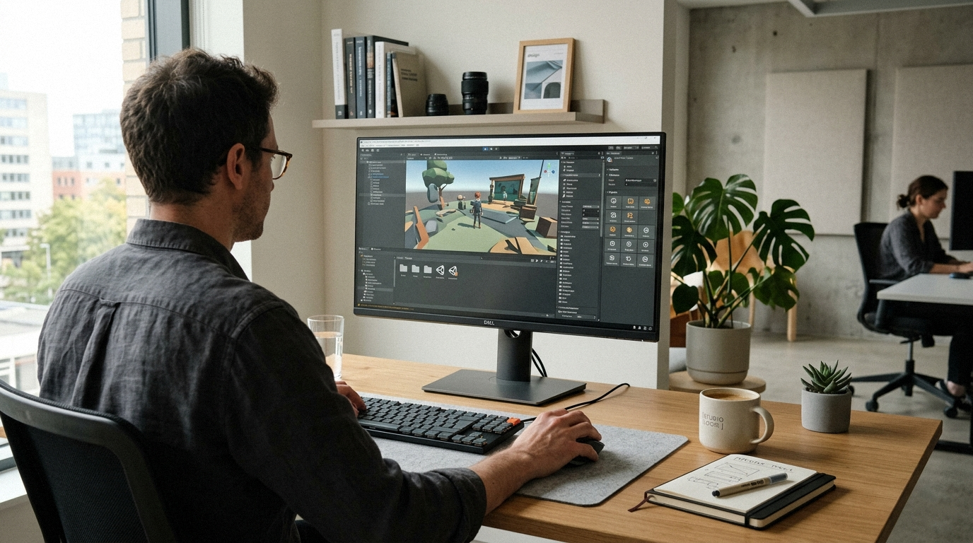 Developer working in Unity Editor at a studio desk